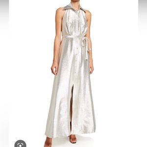 Theia Metallic A Line Halter Gown